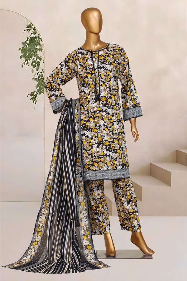 Lawn - Stitched Printed 3piece with Lace work - Yellow-Black