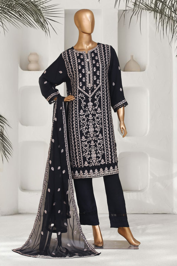 Formal Luxury Chiffon - Stitched Embroidered 3piece with Emb Dupatta - Black