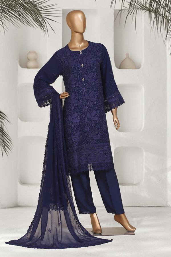 Formal Luxury Chiffon - Stitched Embroidered 3piece with Emb Dupatta - Blue