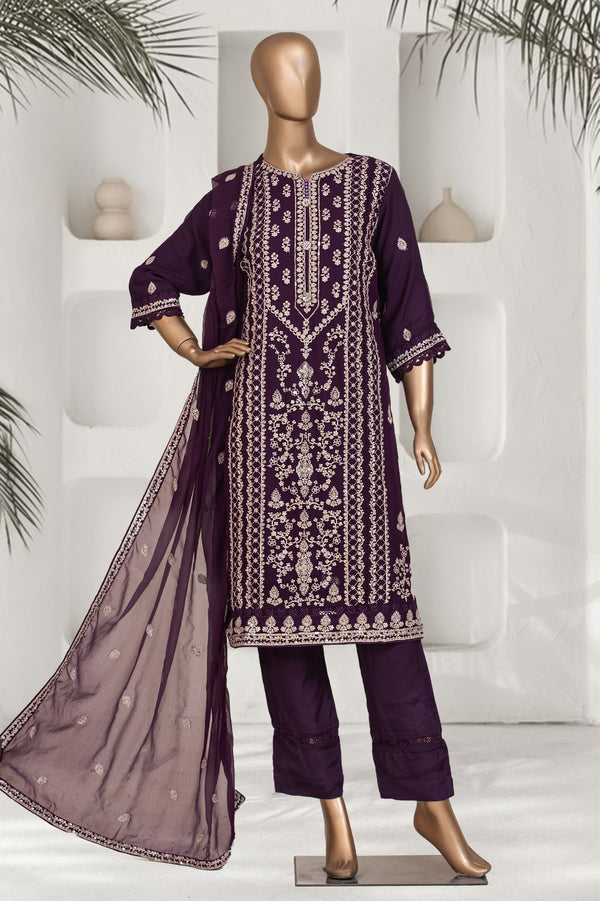 Formal Luxury Chiffon - Stitched Embroidered 3piece with Emb Dupatta - Puple