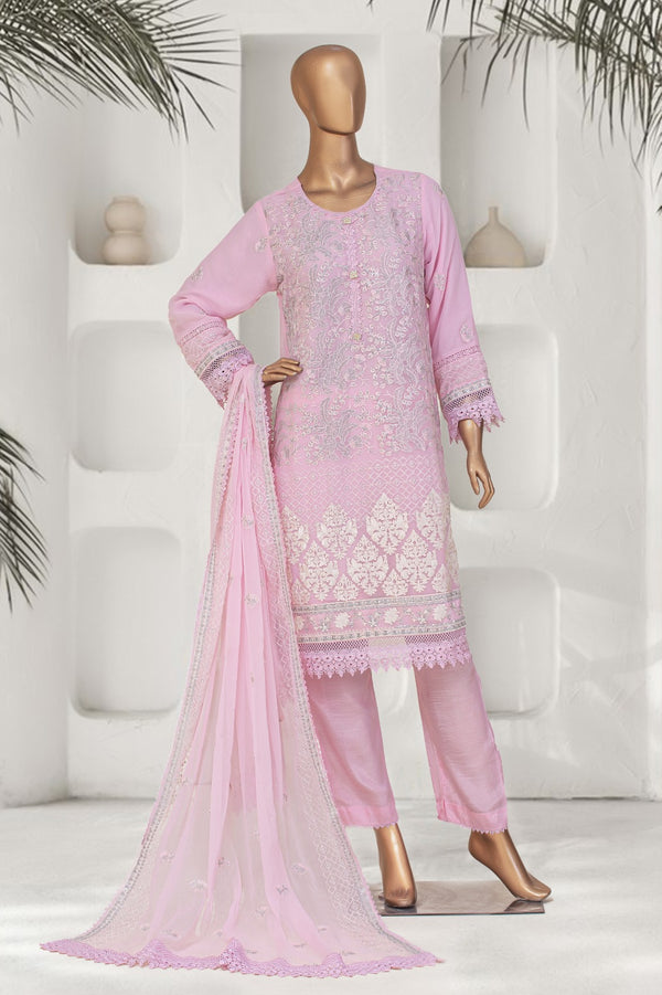 Formal Luxury Chiffon - Stitched Embroidered 3piece with Emb Dupatta - Pink