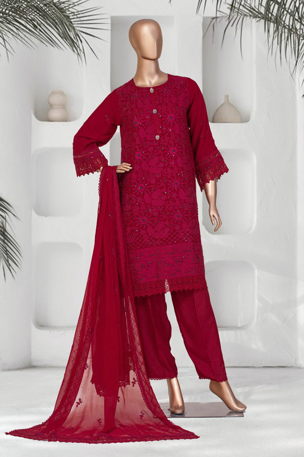 Formal Luxury Chiffon - Stitched Embroidered 3piece with Emb Dupatta - Red