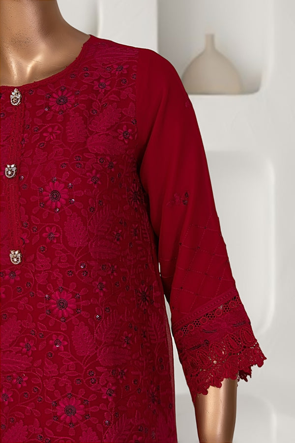 Formal Luxury Chiffon - Stitched Embroidered 3piece with Emb Dupatta - Red