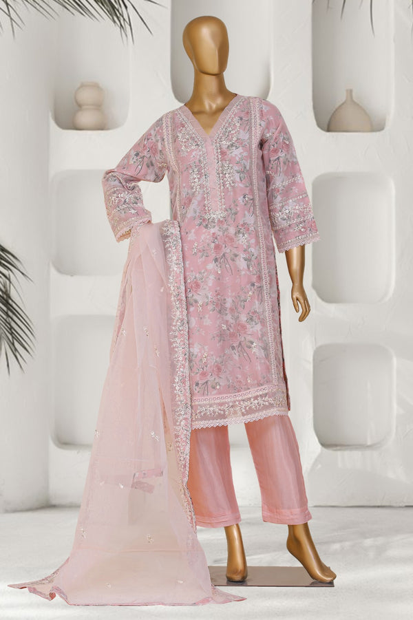 Formal Organza (Printed silk inner) - Stitched Embroidered 3piece with Hand work - Pink