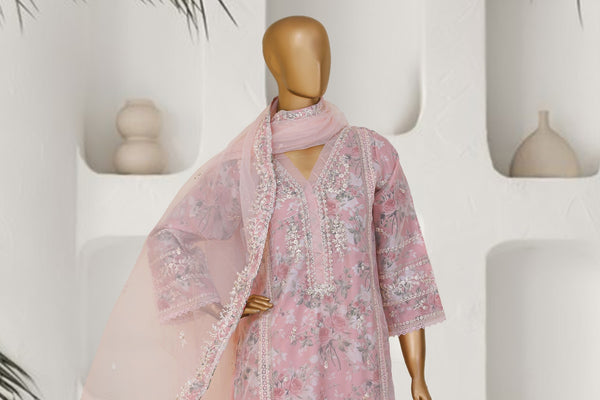 Formal Organza (Printed silk inner) - Stitched Embroidered 3piece with Hand work - Pink