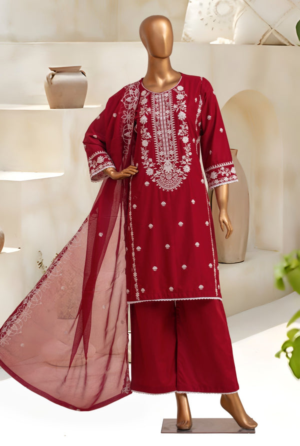 Lawn Festive - Stitched Embroidered 3piece with Embroidered Chiffon Dupatta  - Red