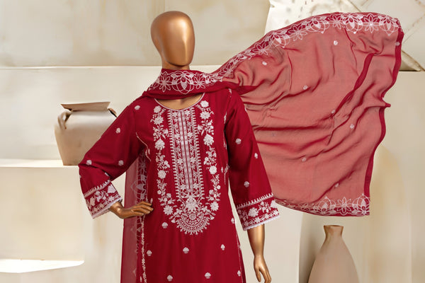 Lawn Festive - Stitched Embroidered 3piece with Embroidered Chiffon Dupatta  - Red