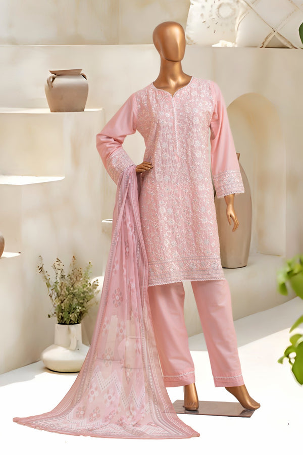 Lawn Festive - Stitched Embroidered 3piece with Embroidered Chiffon Dupatta  - Pink