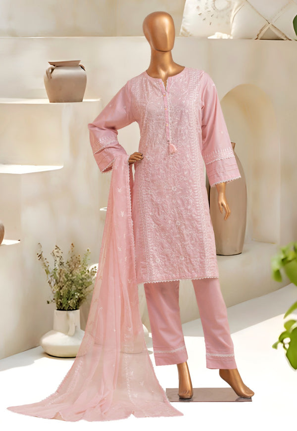 Lawn Festive - Stitched Embroidered 3piece with Embroidered Chiffon Dupatta  - Pink