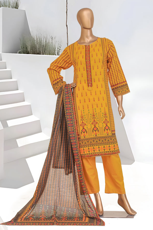 Lawn - Stitched Printed 3piece with Lace work - Mustard