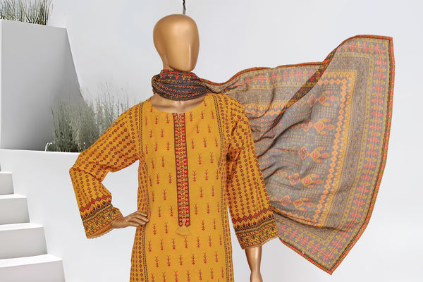 Lawn - Stitched Printed 3piece with Lace work - Mustard