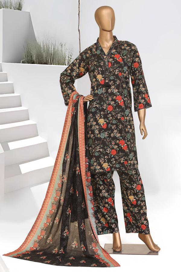 Lawn - Stitched Printed 3piece with Lace work - Black