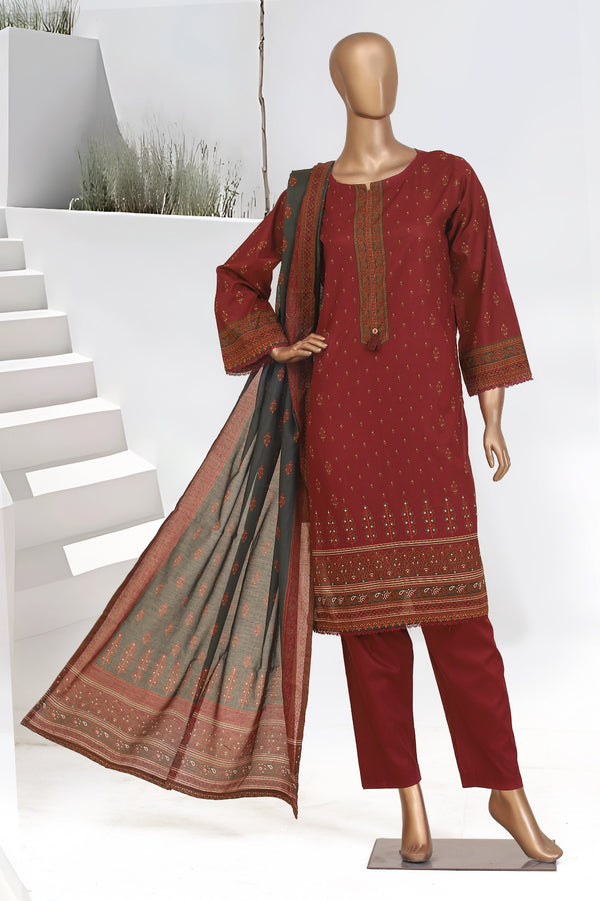 Lawn - Stitched Printed 3piece with Lace work - Maroon