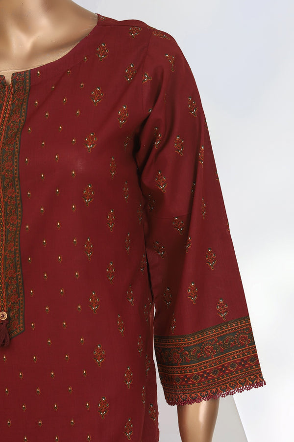 Lawn - Stitched Printed 3piece with Lace work - Maroon