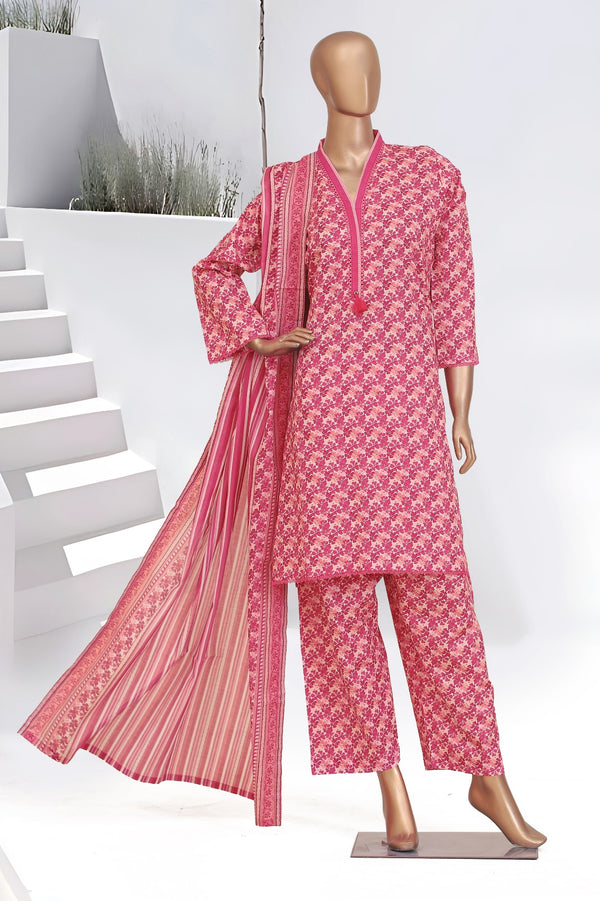 Lawn - Stitched Printed 3piece with Lace work - Pink