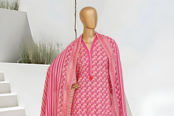 Lawn - Stitched Printed 3piece with Lace work - Pink