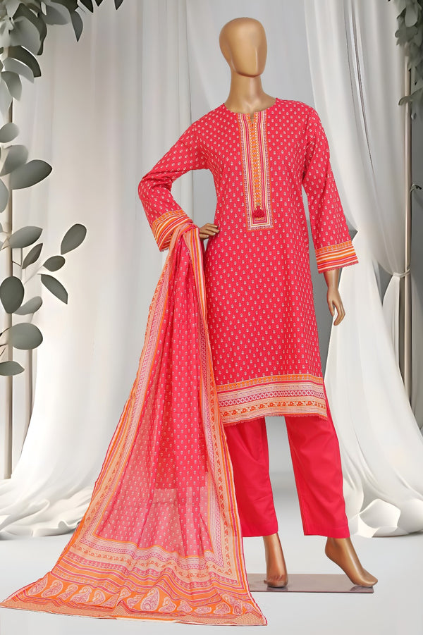 Lawn - Stitched Printed 3piece with Lace work - Pink