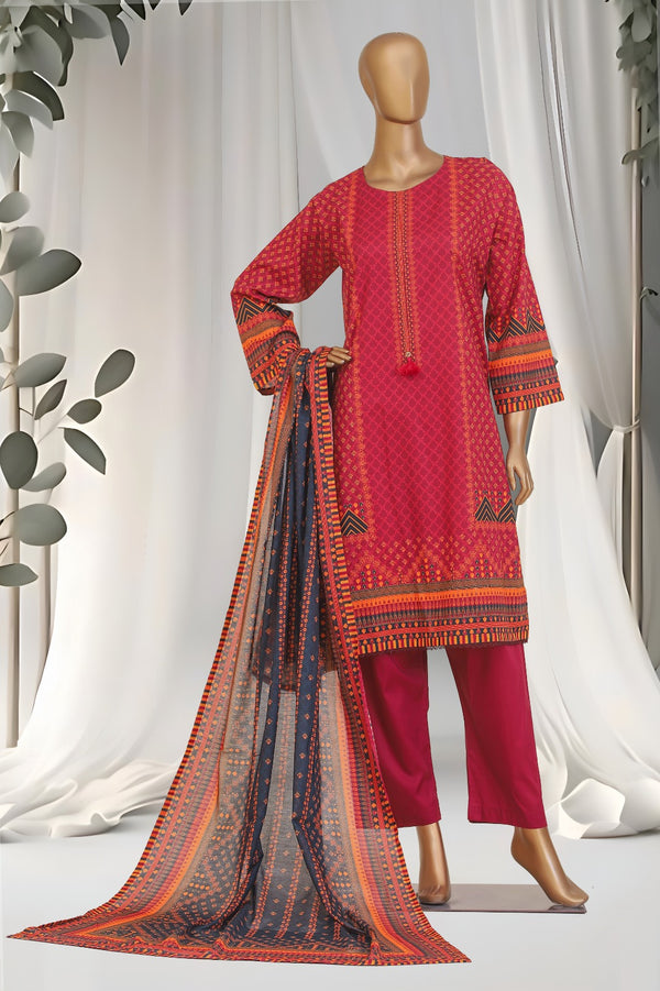 Lawn - Stitched Printed 3piece with Lace work - Fuchsia