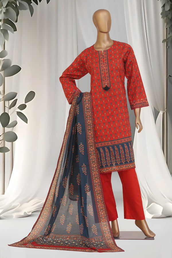 Lawn - Stitched Printed 3piece with Lace work - Rust