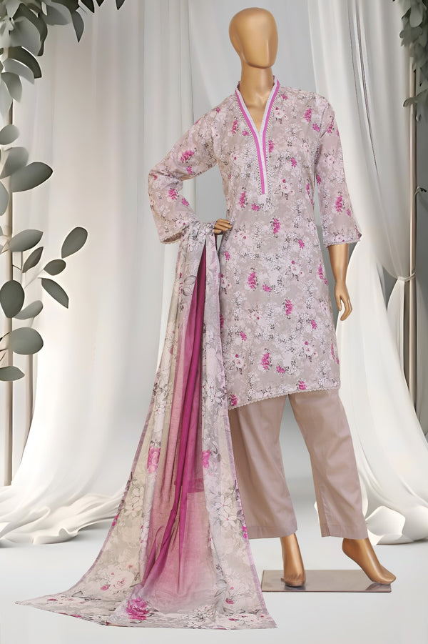 Lawn - Stitched Printed 3piece with Lace work - Grey