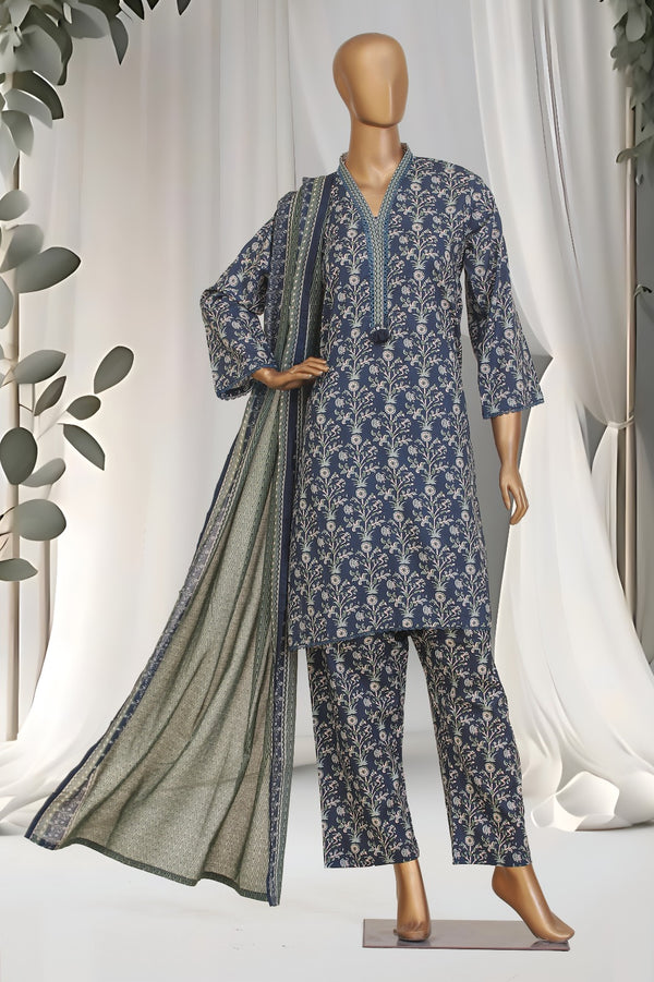 Lawn - Stitched Printed 3piece with Lace work - Blue