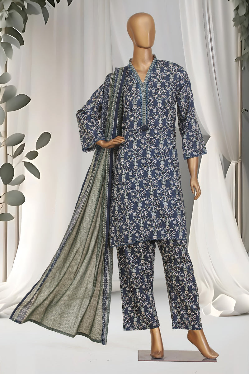 Lawn - Stitched Printed 3piece with Lace work - Blue