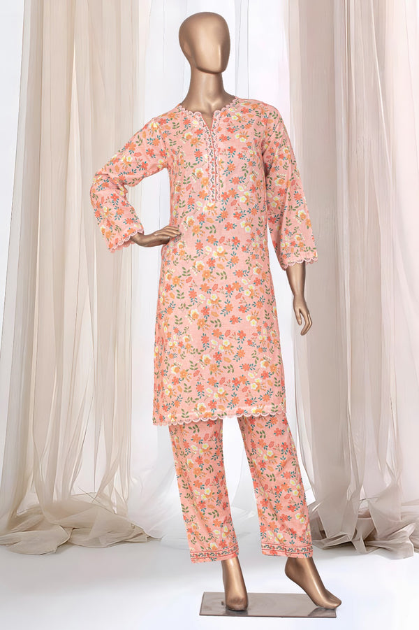 Lawn Co-ords - Stitched Printed Kurti & Trouser with Lace work - Peach