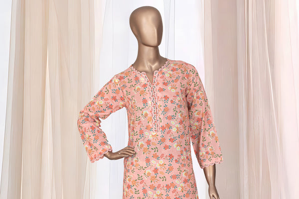 Lawn Co-ords - Stitched Printed Kurti & Trouser with Lace work - Peach