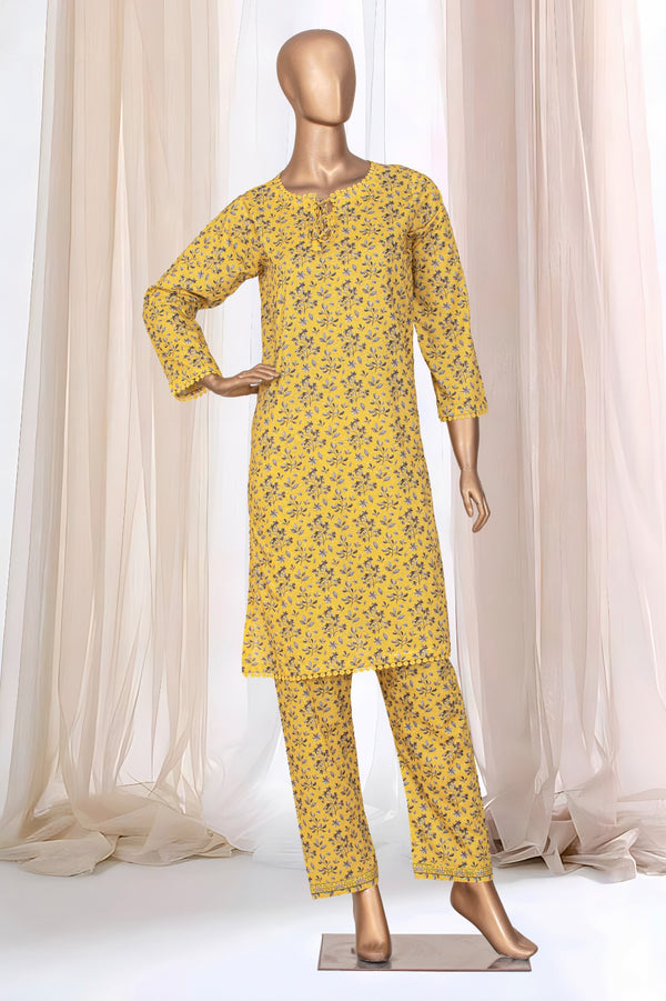 Lawn Co-ords - Stitched Printed Kurti & Trouser with Lace work - Yellow