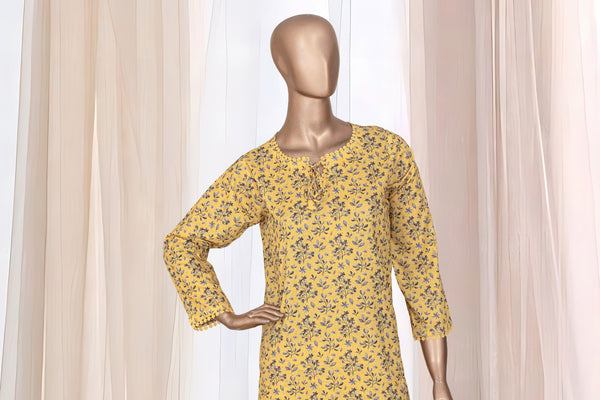 Lawn Co-ords - Stitched Printed Kurti & Trouser with Lace work - Yellow