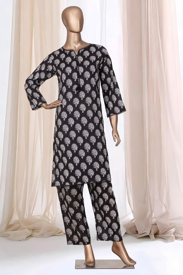 Lawn Co-ords - Stitched Printed Kurti & Trouser with Lace work - Black-White