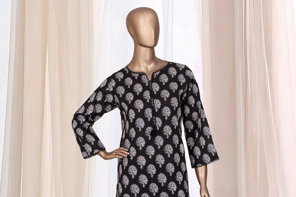 Lawn Co-ords - Stitched Printed Kurti & Trouser with Lace work - Black-White