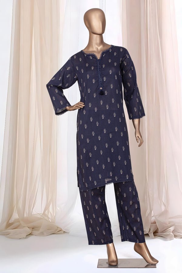 Lawn Co-ords - Stitched Printed Kurti & Trouser with Lace work - Blue