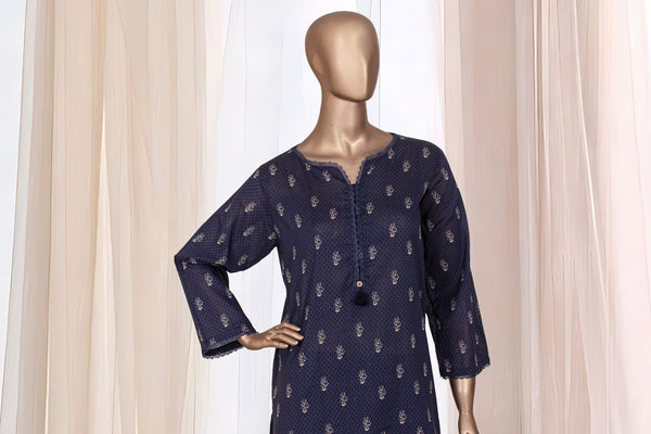 Lawn Co-ords - Stitched Printed Kurti & Trouser with Lace work - Blue