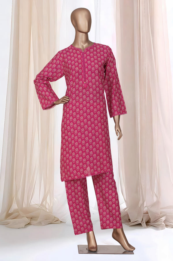 Lawn Co-ords - Stitched Printed Kurti & Trouser with Lace work - Pink