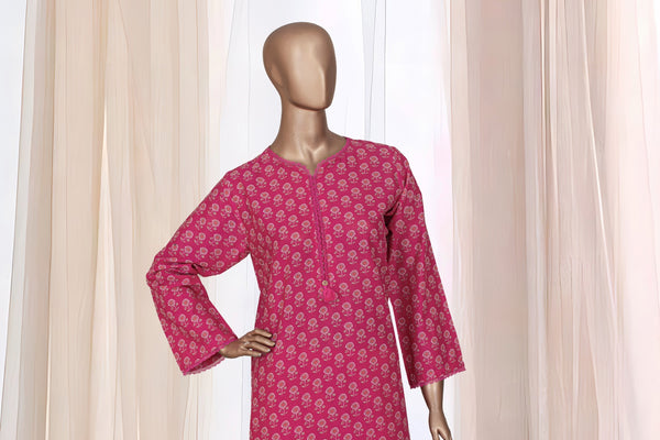 Lawn Co-ords - Stitched Printed Kurti & Trouser with Lace work - Pink