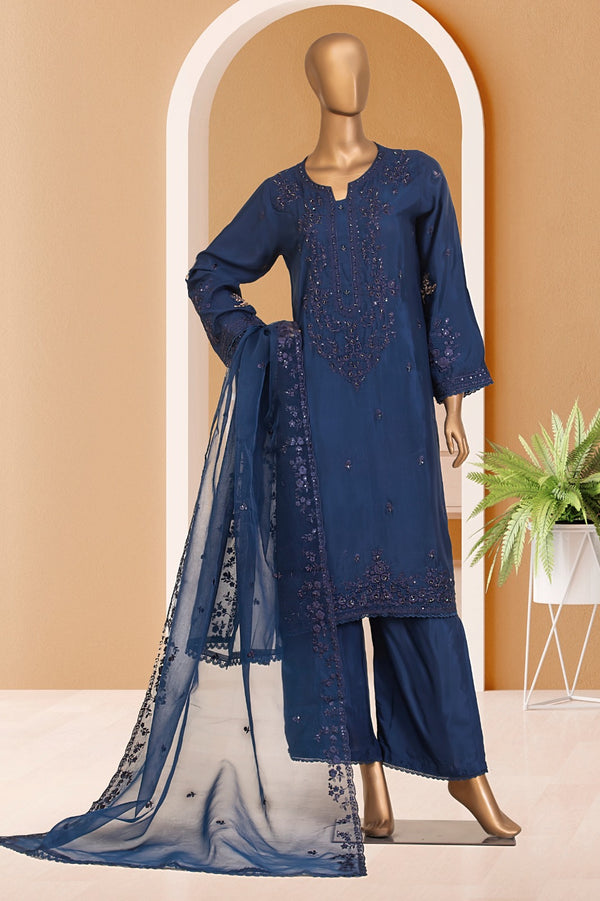 Raw Silk - Stitched Formal 3piece with Handwork - Teal-Blue