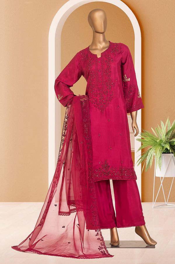 Raw Silk - Stitched Formal 3piece with Handwork - Fuchsia