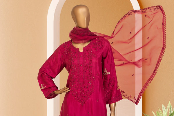 Raw Silk - Stitched Formal 3piece with Handwork - Fuchsia