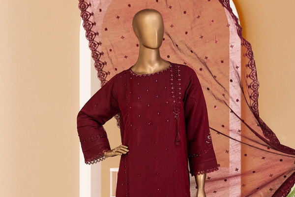 Khaddi Net - Stitched Formal 3piece with Handwork - Maroon