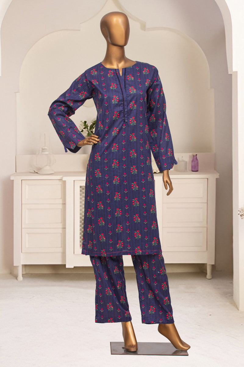 Cotton Co-ords - Stitched Printed Kurti & Trouser with Lace work - Blue