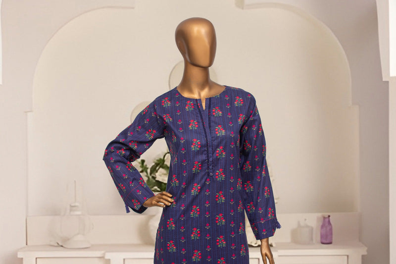 Cotton Co-ords - Stitched Printed Kurti & Trouser with Lace work - Blue