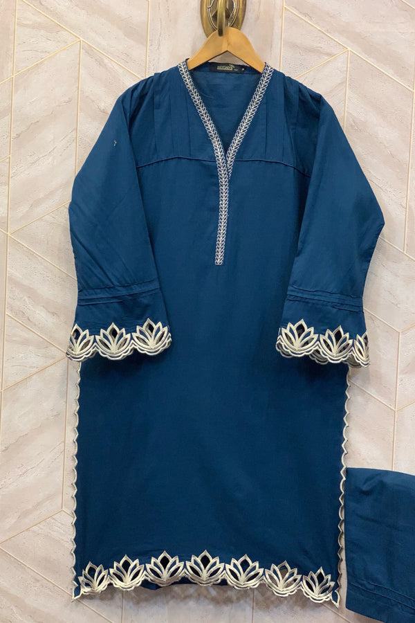 Cotton/Cambric Co-Ords - Stitched Embroidered Kurti & Trouser with Cut work - Teal Blue