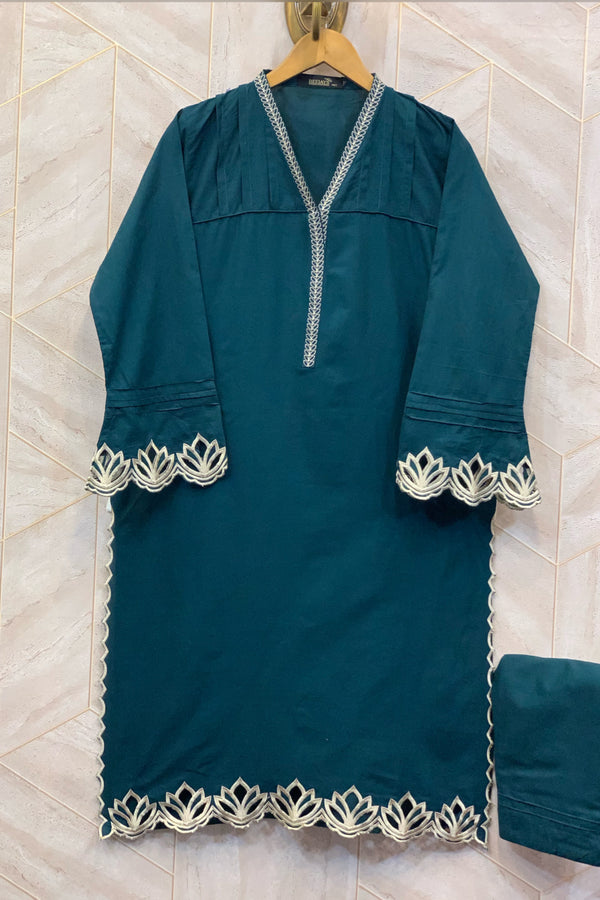 Cotton/Cambric Co-Ords - Stitched Embroidered Kurti & Trouser with Cut work - Teal Green