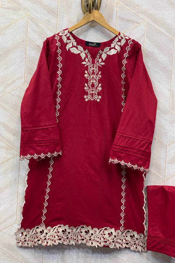 Cotton/Cambric Co-Ords - Stitched Embroidered Kurti & Trouser with Cut work - Red