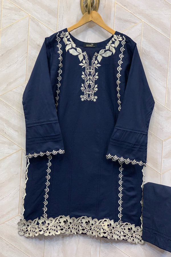 Cotton/Cambric Co-Ords - Stitched Embroidered Kurti & Trouser with Cut work - N.Blue