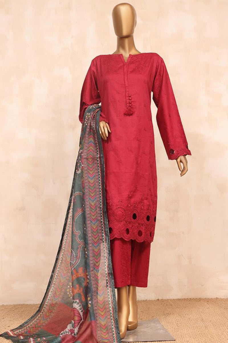 Cotton Jacquard chikankari - Stitched embroidered 3piece with Cut work - Red