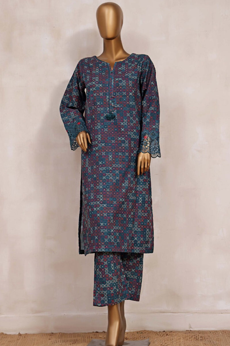 Khaddar Co-ords - Stitched Printed Kurti & Trouser with Embroidered Cutwork on Sleeves - Zinc