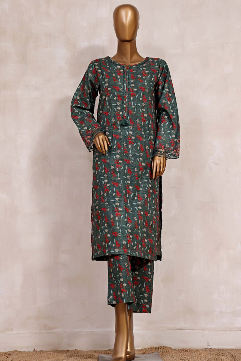 Khaddar Co-ords - Stitched Printed Kurti & Trouser with Embroidered Cutwork on Sleeves - Green