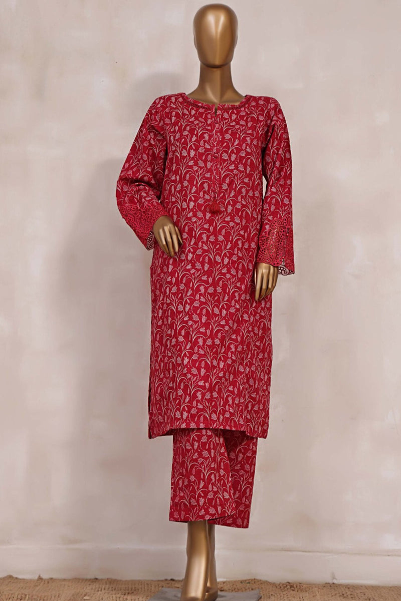 Khaddar Co-ords - Stitched Printed Kurti & Trouser with Embroidered Cutwork on Sleeves - Red